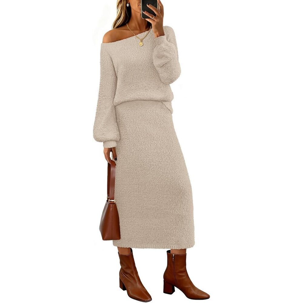 Women's Fuzzy 2-Piece Outfit Winter Long Sleeve Skirt Set Casual Lounge
